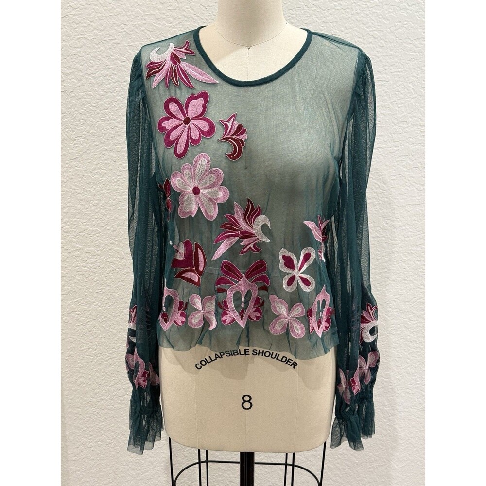 Anthropologie Women’s Sz M The Layla Long Sleeve Applique Mesh Blouse in Green - Picture 2 of 13